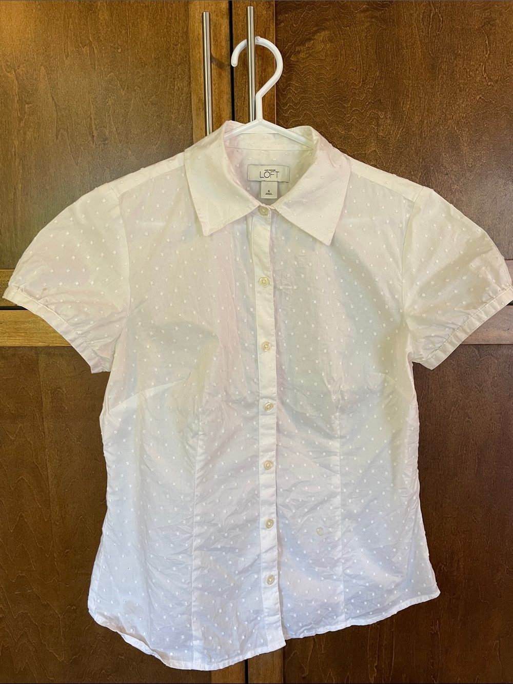 LOFT White Short-Sleeve Swiss Dot Button-Down Shirt